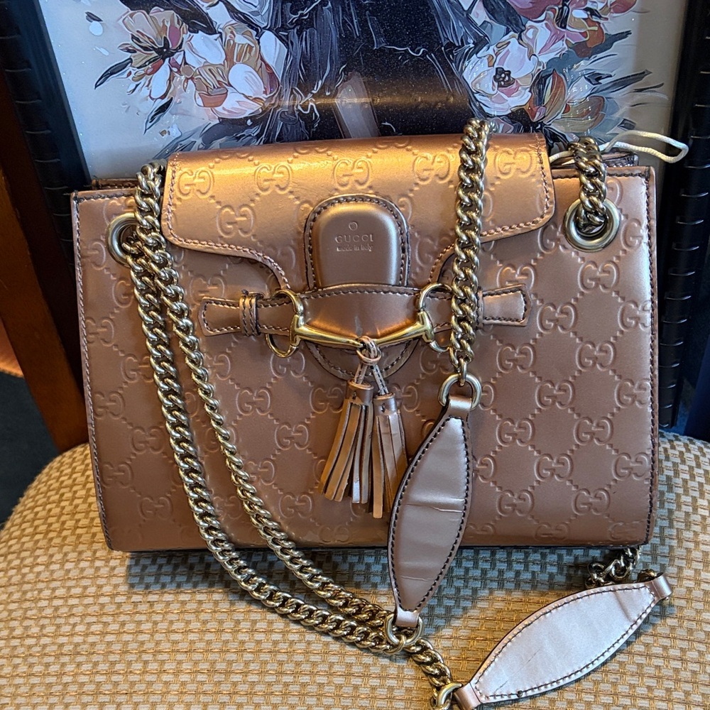 Gucci Metallic Rose Gold Guccissima embossed Leather Emile Bag with Gold Chain